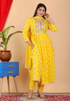 VOJ Women's Yellow Rayon Embroidered Kurta Pant & Dupatta Set (Naira Cut) | Grocsy