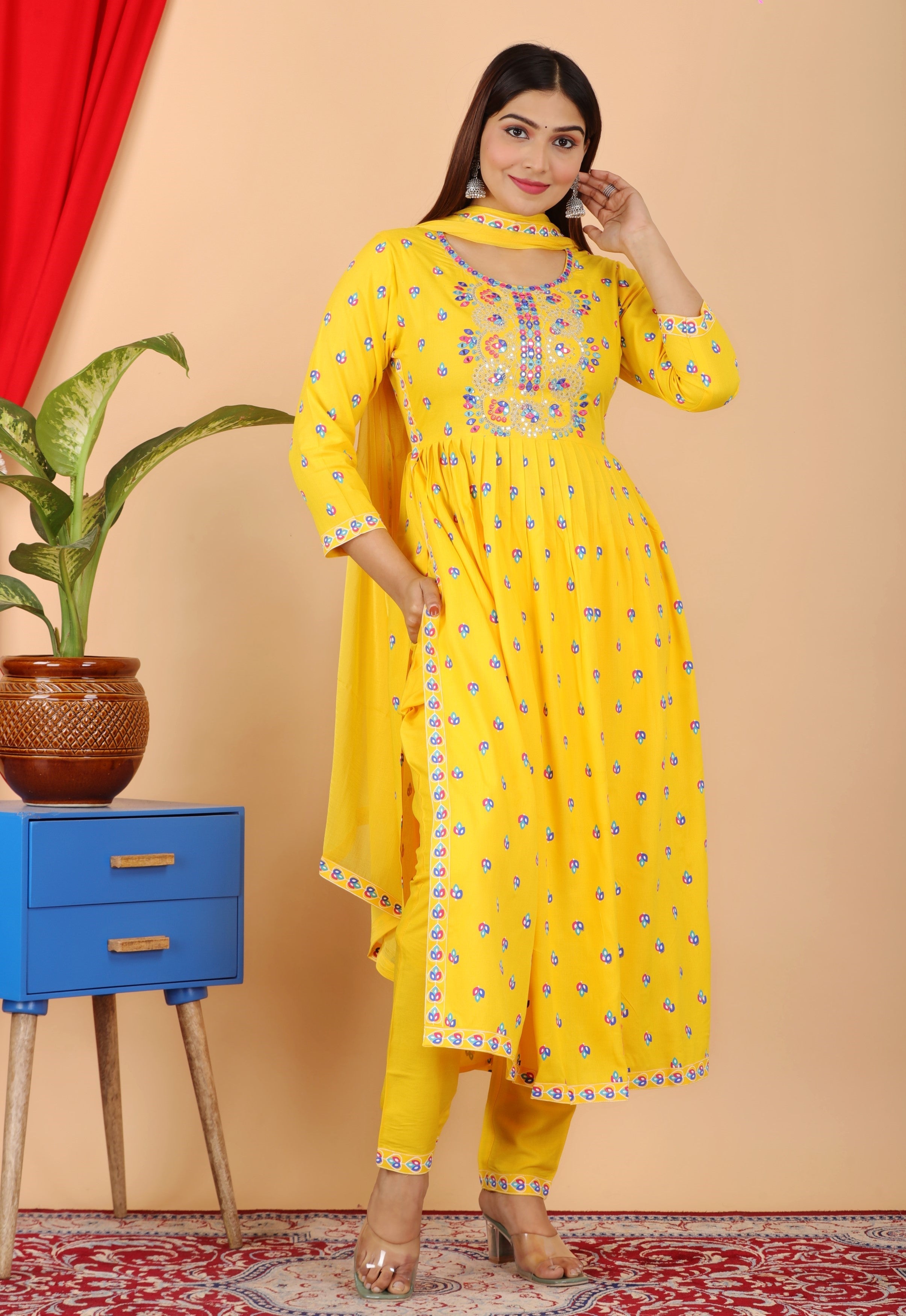VOJ Women's Yellow Rayon Embroidered Kurta Pant & Dupatta Set (Naira Cut) | Grocsy