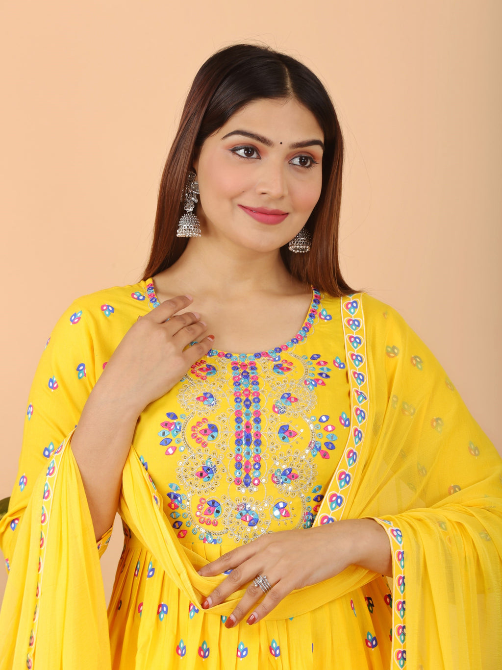VOJ Women's Yellow Rayon Embroidered Kurta Pant & Dupatta Set (Naira Cut) | Grocsy