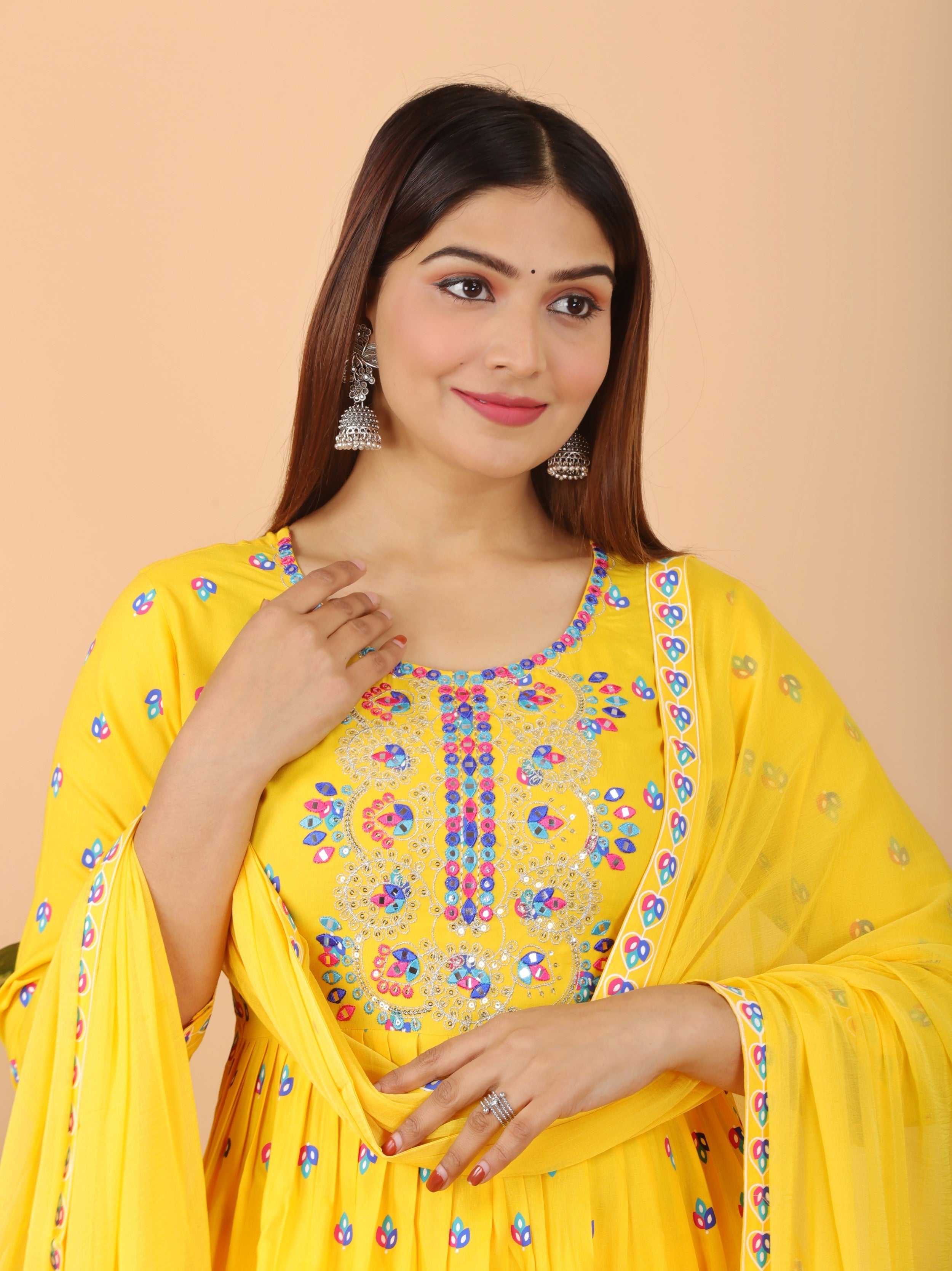 VOJ Women's Yellow Rayon Embroidered Kurta Pant & Dupatta Set (Naira Cut) | Grocsy