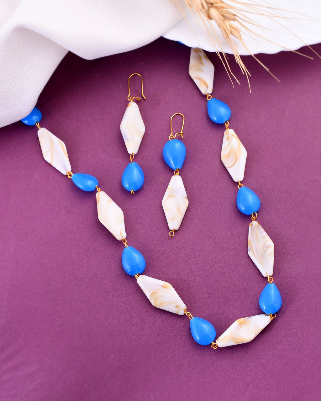 VOJ Women Sky Blue And White Beads Necklace And Earrings Set | Grocsy