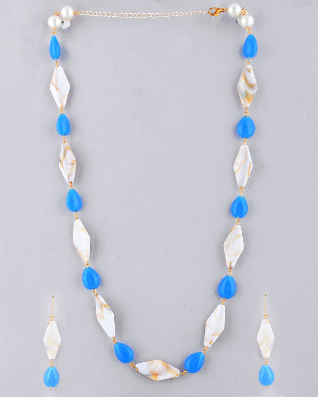 VOJ Women Sky Blue And White Beads Necklace And Earrings Set | Grocsy