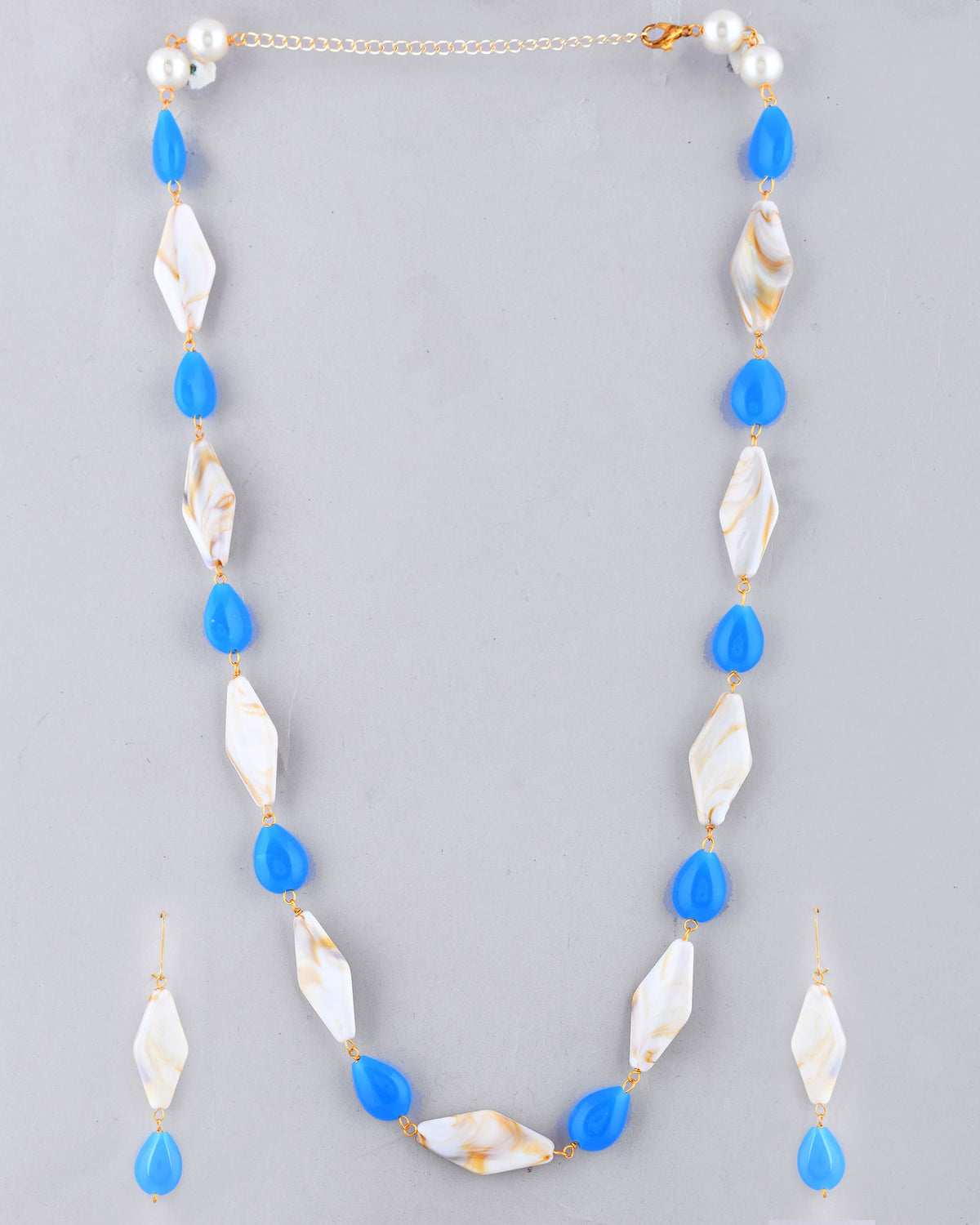 VOJ Women Sky Blue And White Beads Necklace And Earrings Set | Grocsy