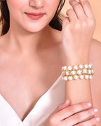 VOJ Women White and Gold Toned Pearls Gold-Polished Multi Strand Bracelet