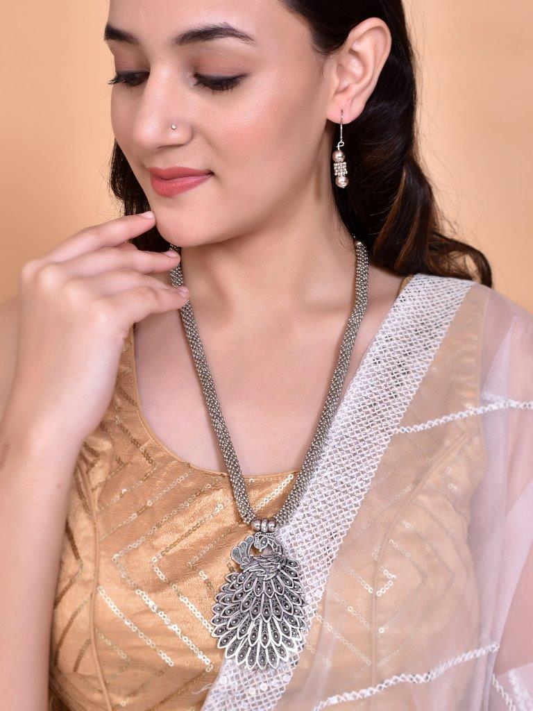 VOJ Women Oxidised Silver-Plated Peacock Jewellery Set | Grocsy
