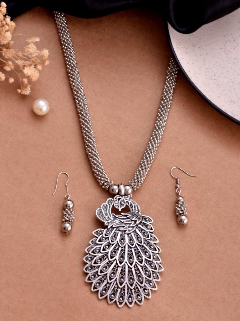 VOJ Women Oxidised Silver-Plated Peacock Jewellery Set | Grocsy