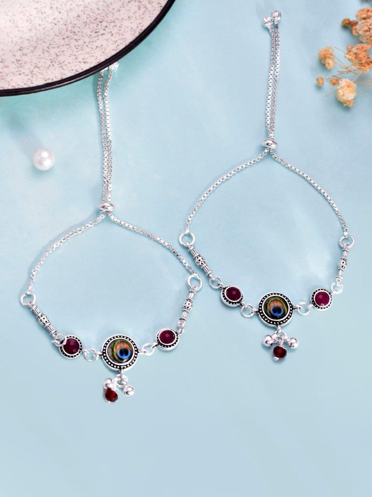 VOJ Pack of 2 Silver Plated Peacock Anklets | Grocsy