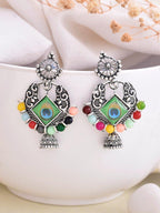 VOJ Silver Plated Peacock Contemporay Jhumka Earrings