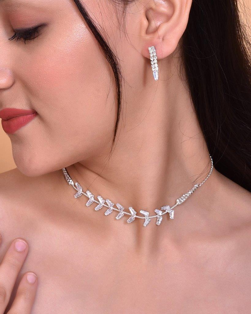 VOJ Silver Plated AD-Studded Necklace & Earrings Set | Grocsy