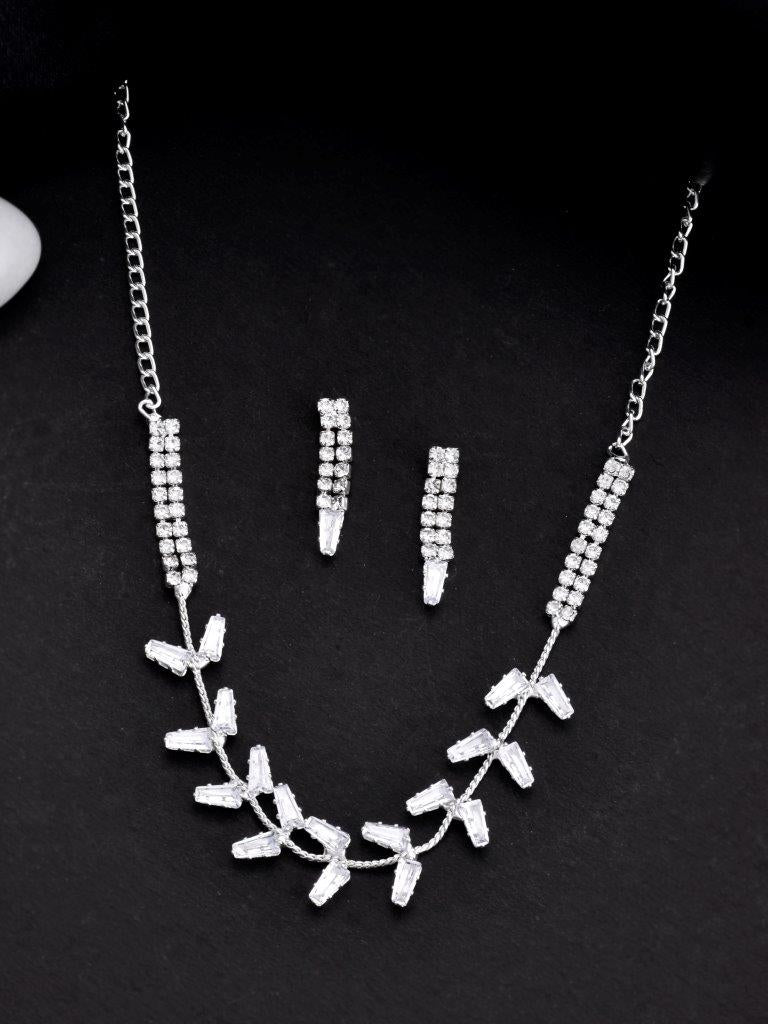 VOJ Silver Plated AD-Studded Necklace & Earrings Set | Grocsy