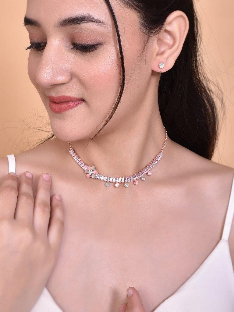 VOJ Rose Gold-Polished AD-Studded Necklace & Earrings | Grocsy