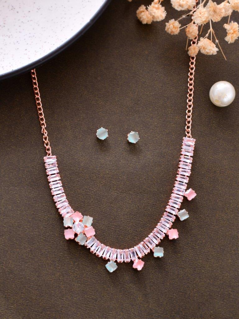 VOJ Rose Gold-Polished AD-Studded Necklace & Earrings | Grocsy