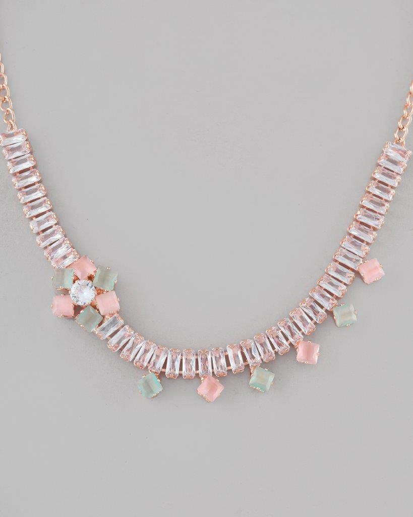 VOJ Rose Gold-Polished AD-Studded Necklace & Earrings | Grocsy