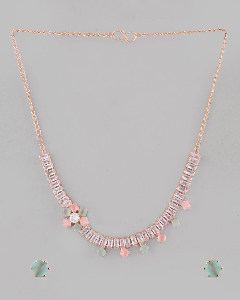 VOJ Rose Gold-Polished AD-Studded Necklace & Earrings | Grocsy