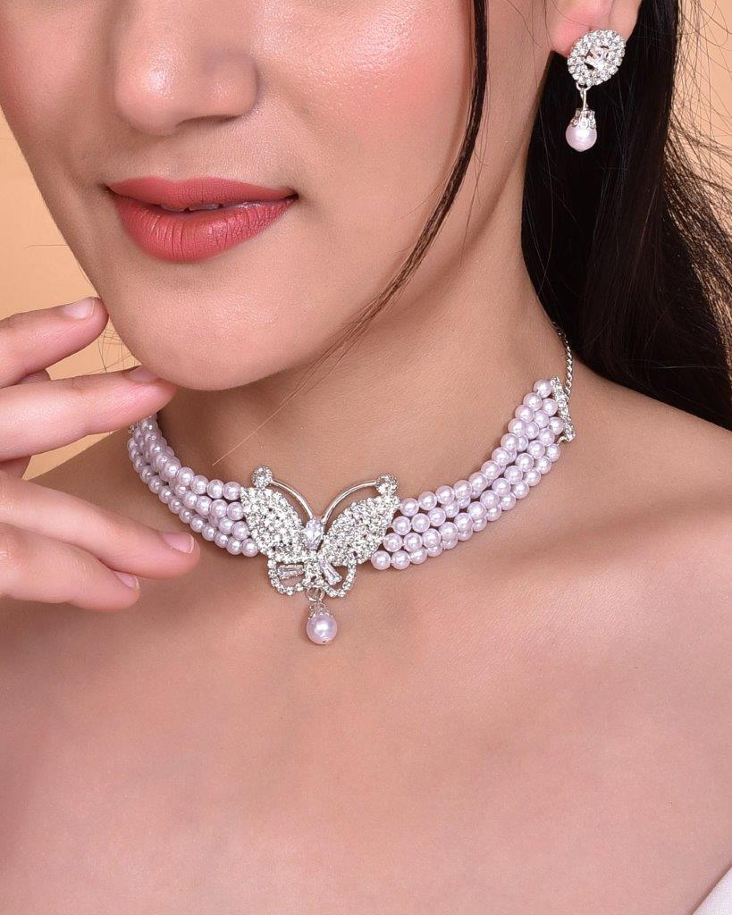 VOJ Gold-Polished Kundan Studsed And Beaded Choker Necklace and Earring Set | Grocsy