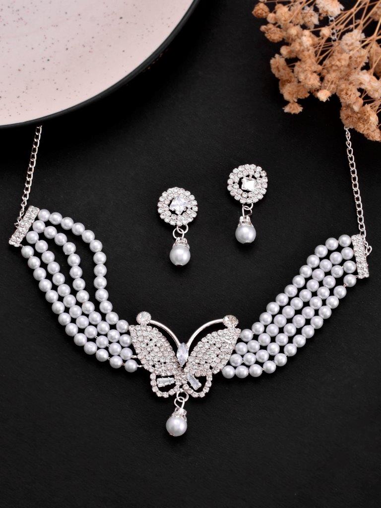 VOJ Gold-Polished Kundan Studsed And Beaded Choker Necklace and Earring Set | Grocsy