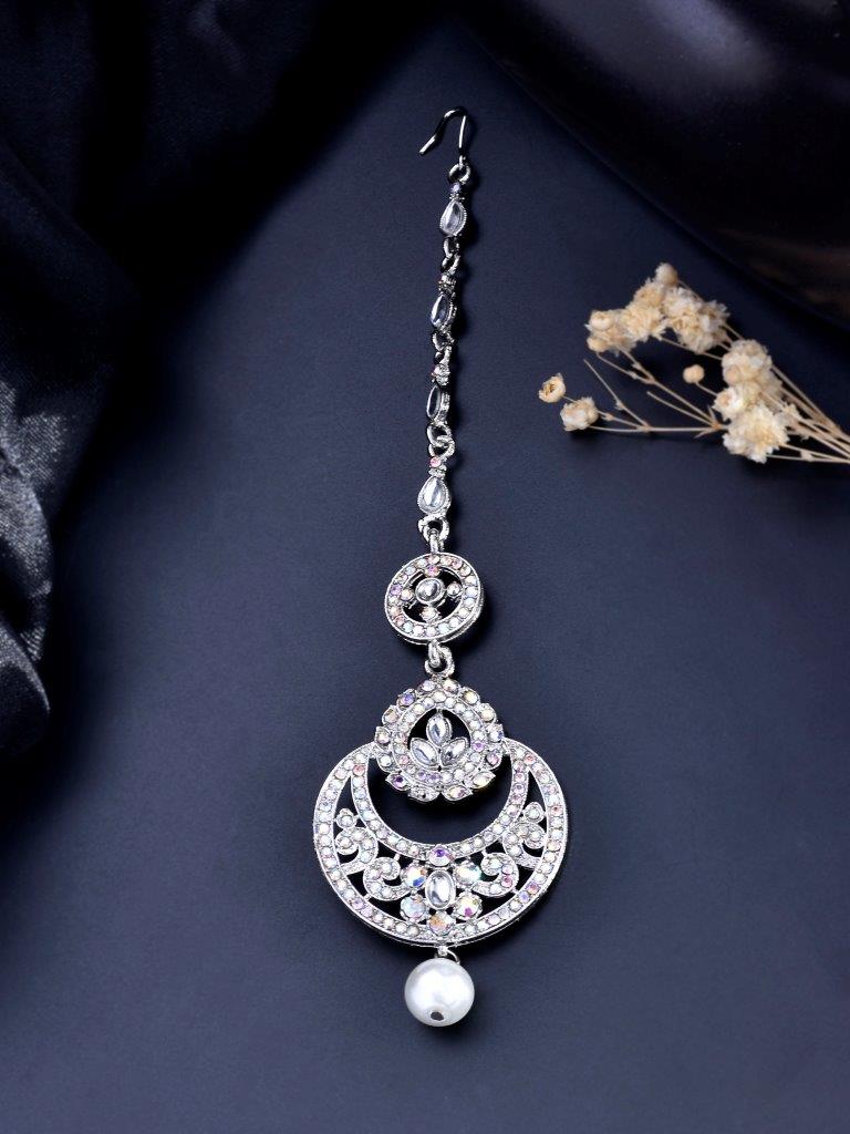 VOJ Silver Plated White AD-Studded Handcrafted Maang Tikka | Grocsy