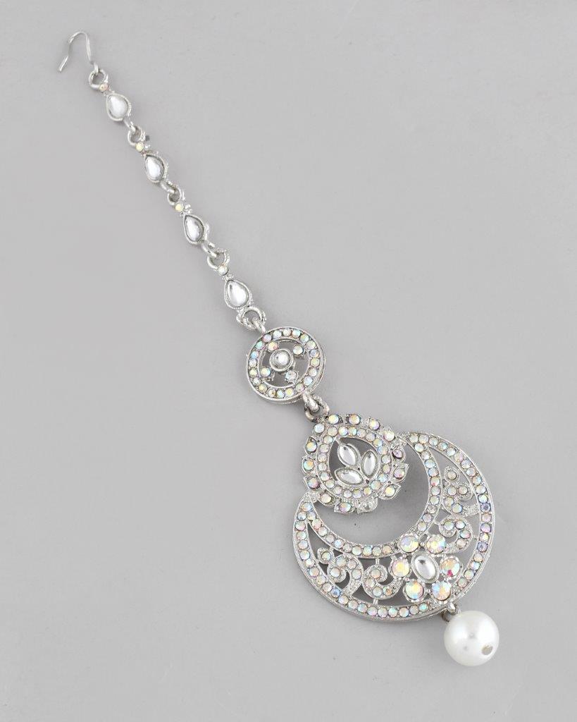 VOJ Silver Plated White AD-Studded Handcrafted Maang Tikka | Grocsy