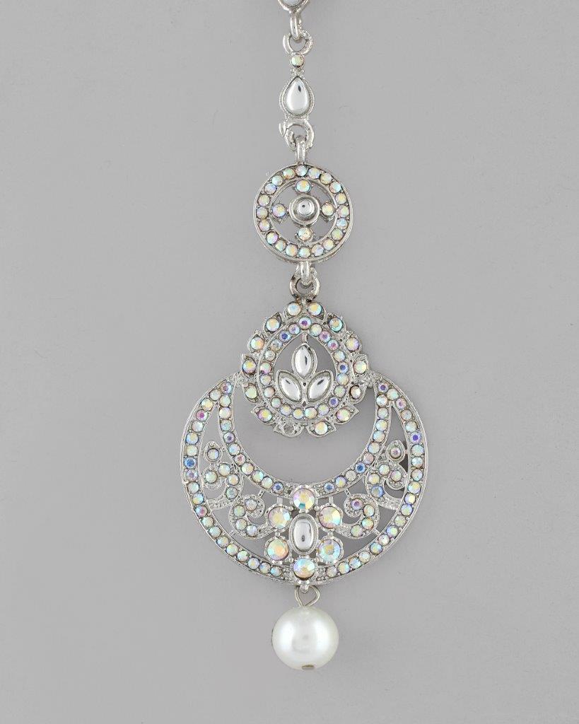 VOJ Silver Plated White AD-Studded Handcrafted Maang Tikka | Grocsy