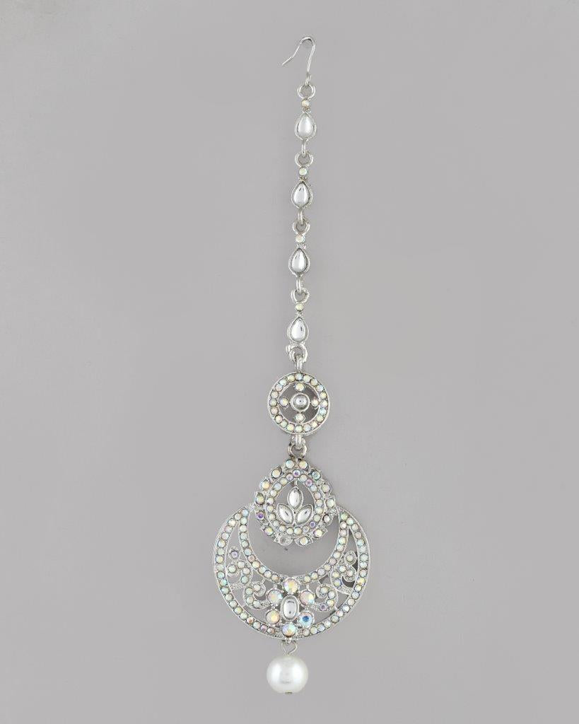 VOJ Silver Plated White AD-Studded Handcrafted Maang Tikka | Grocsy
