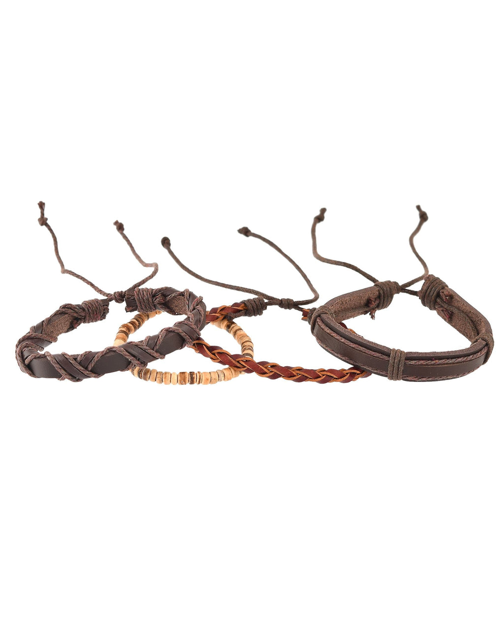 VOJ Men Set of 4 Brown Leather Wrap around Bracelet