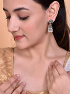 VOJ White Beads Studded Oxidised Silver Plated Contemporary Jhumka | Grocsy