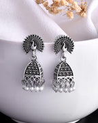 VOJ White Beads Studded Oxidised Silver Plated Contemporary Jhumka | Grocsy