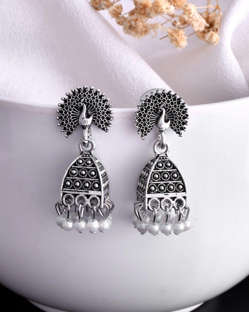 VOJ White Beads Studded Oxidised Silver Plated Contemporary Jhumka | Grocsy