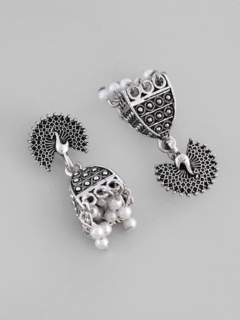 VOJ White Beads Studded Oxidised Silver Plated Contemporary Jhumka | Grocsy