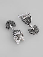VOJ White Beads Studded Oxidised Silver Plated Contemporary Jhumka | Grocsy