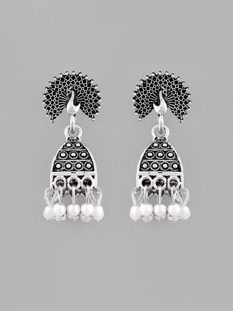 VOJ White Beads Studded Oxidised Silver Plated Contemporary Jhumka | Grocsy