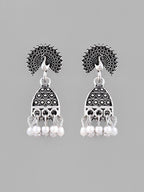VOJ White Beads Studded Oxidised Silver Plated Contemporary Jhumka | Grocsy