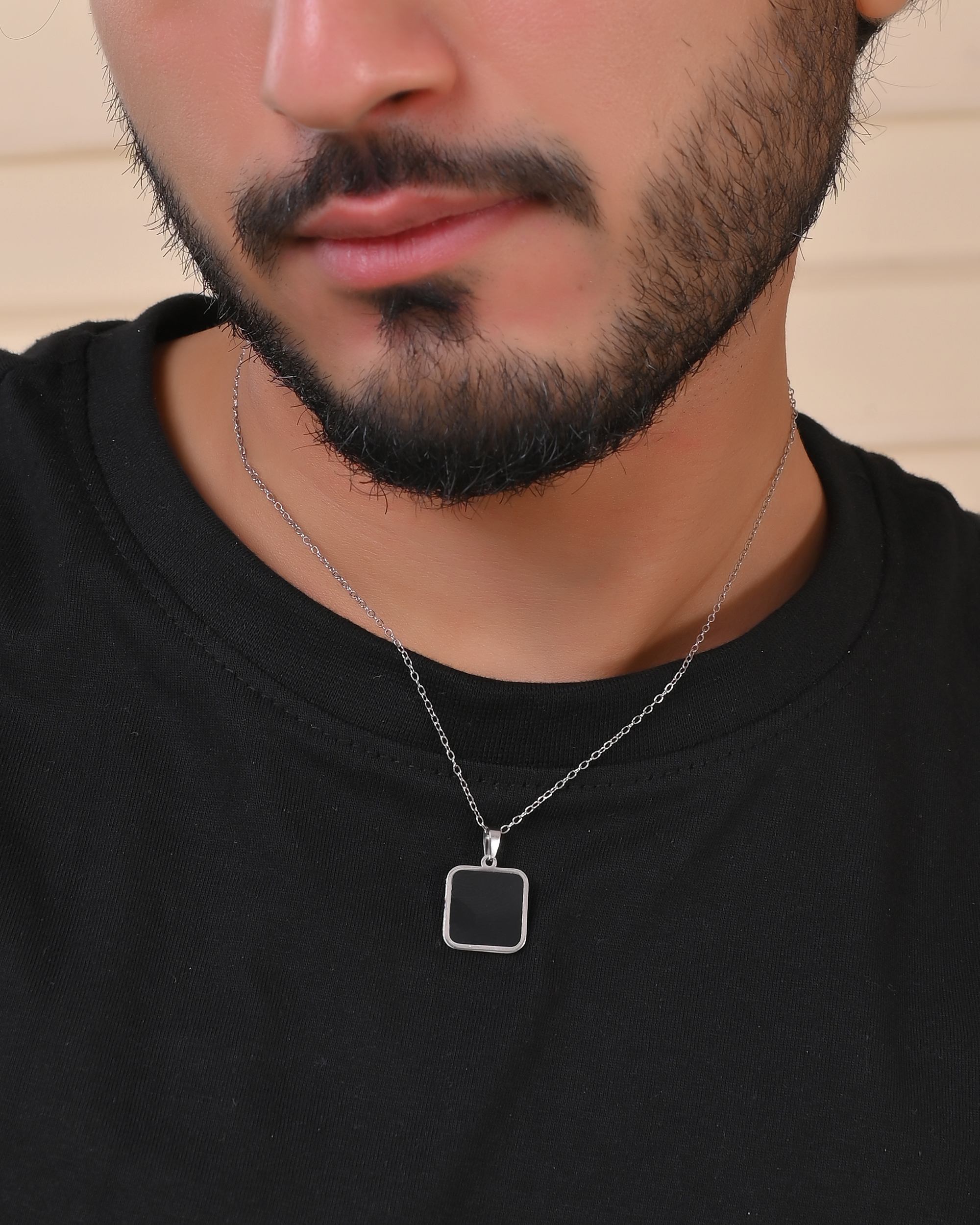 VOJ Men's Stainless Steel Silver Plated Chain With Square Shaped Pendant | Grocsy