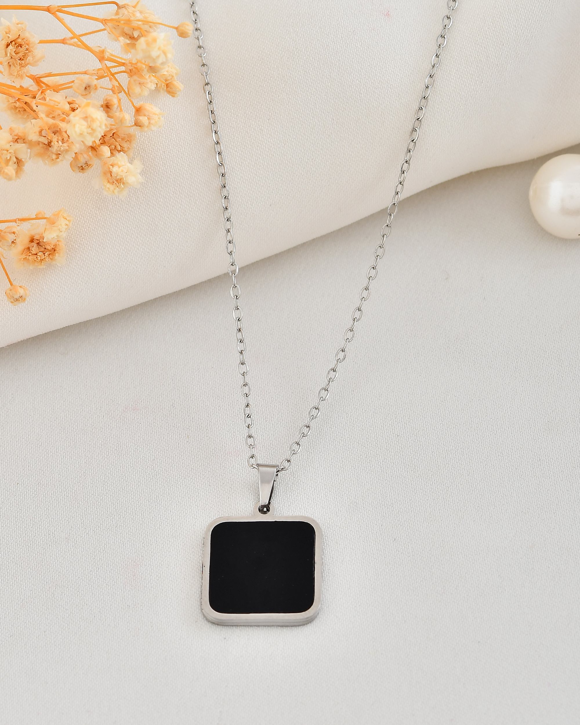 VOJ Men's Stainless Steel Silver Plated Chain With Square Shaped Pendant | Grocsy