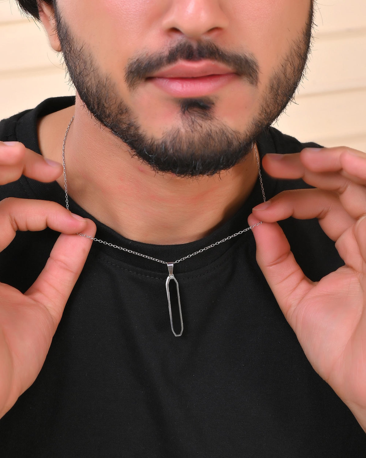 VOJ Men's Stainless Steel Silver Plated Chain With Geometrical Shaped Pendant | Grocsy