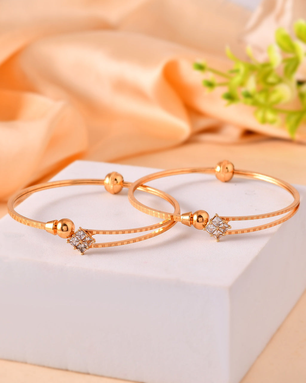 VOJ Set Of 2 Gold Polished Stone Studded Squares Shaped Bangles | Grocsy
