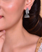 VOJ Kanha Studded Oxidised Silver Plated Contemporary Jhumka | Grocsy