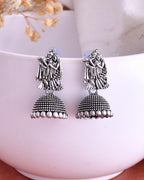 VOJ Kanha Studded Oxidised Silver Plated Contemporary Jhumka | Grocsy