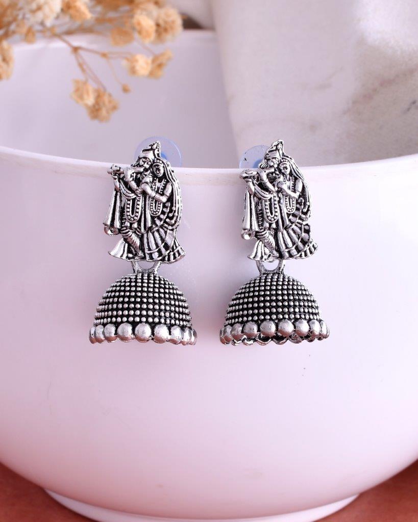 VOJ Kanha Studded Oxidised Silver Plated Contemporary Jhumka | Grocsy