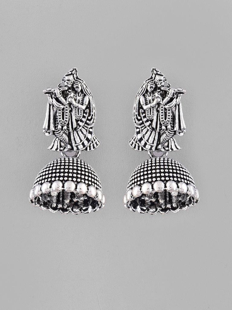 VOJ Kanha Studded Oxidised Silver Plated Contemporary Jhumka | Grocsy
