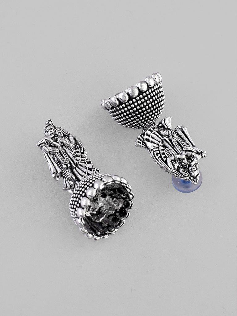 VOJ Kanha Studded Oxidised Silver Plated Contemporary Jhumka | Grocsy