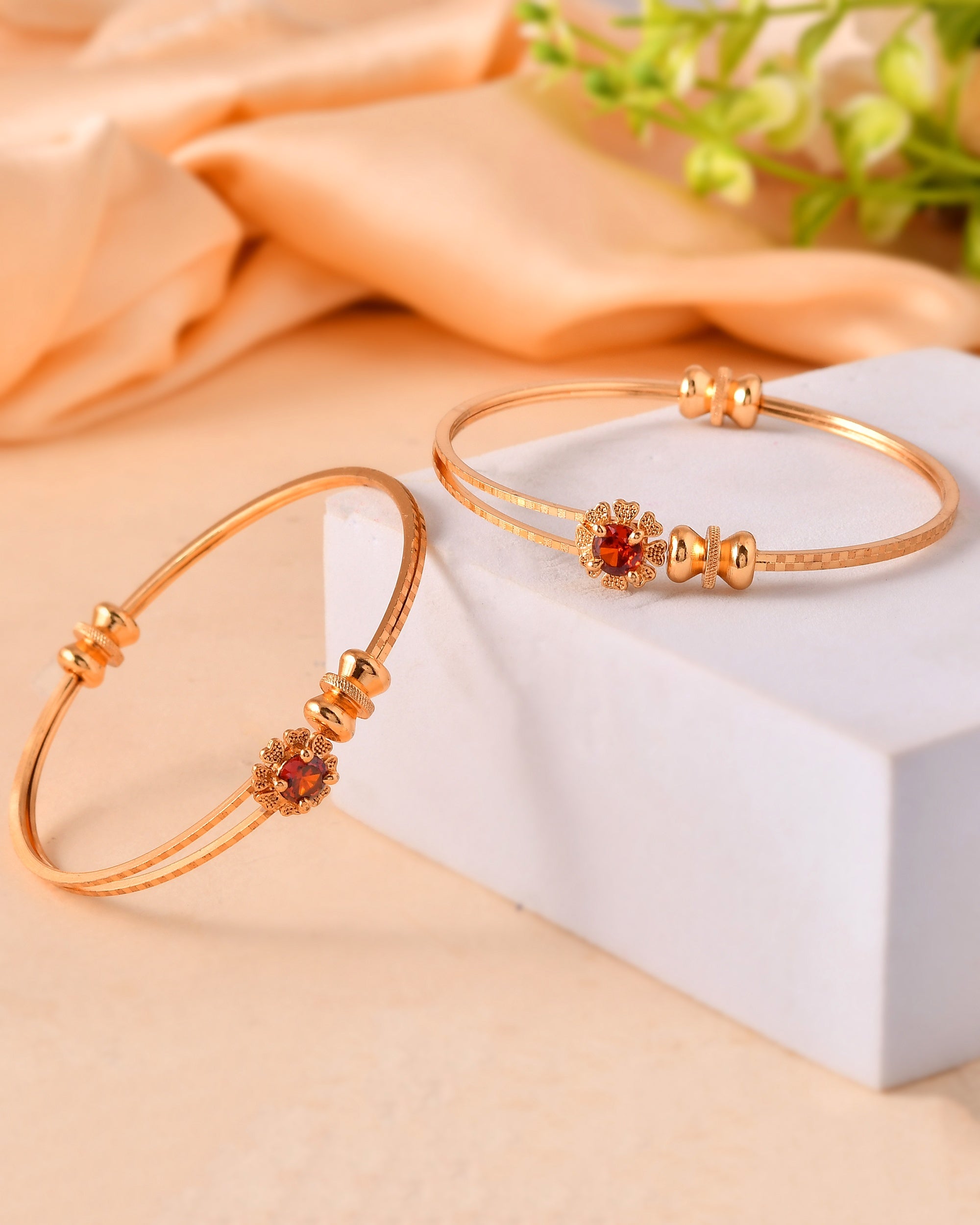 VOJ Set Of 2 Gold Polished Red Stone-Studded Bangles | Grocsy
