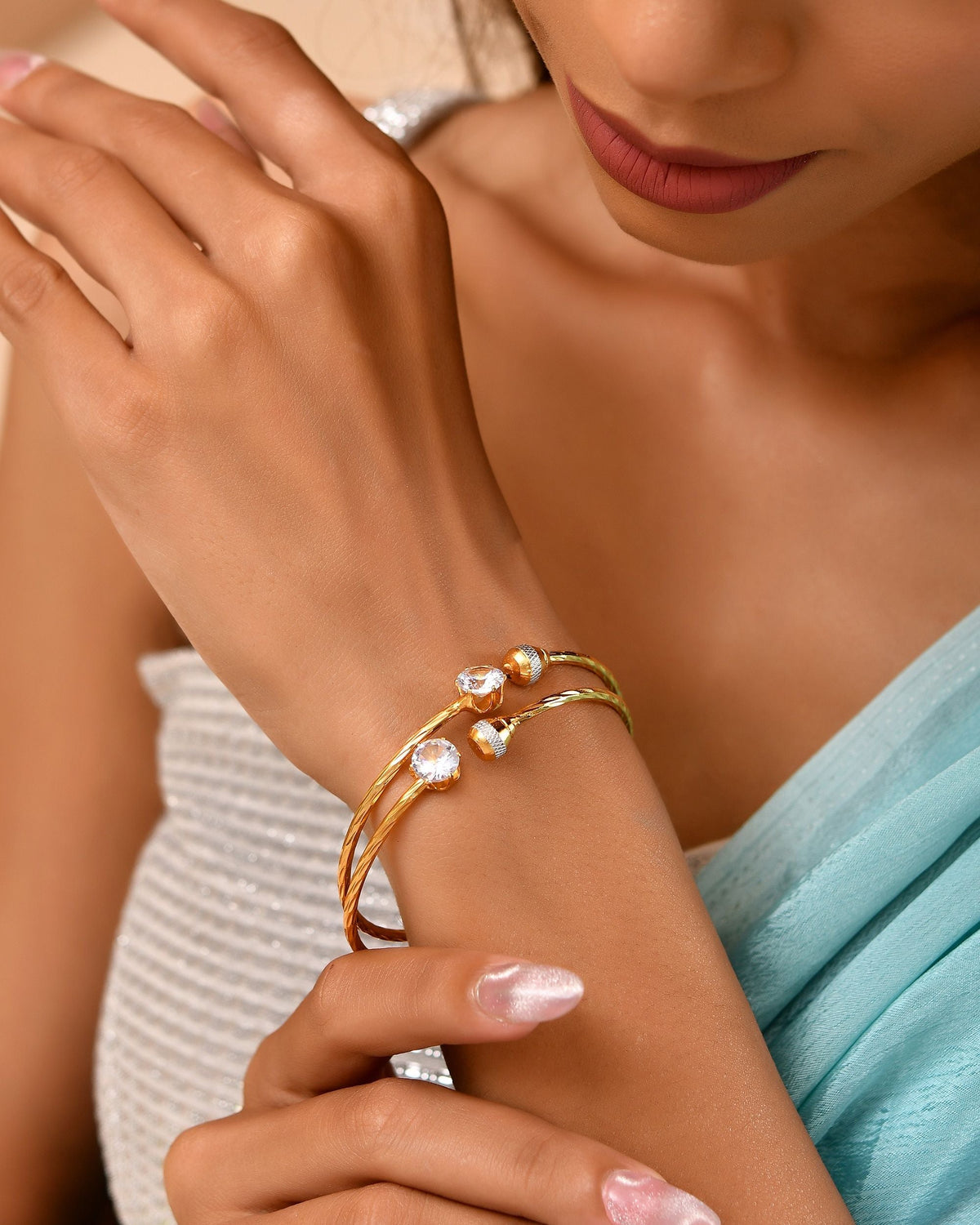 VOJ Set Of 2 Gold Polished Stone-Studded Bangles | Grocsy
