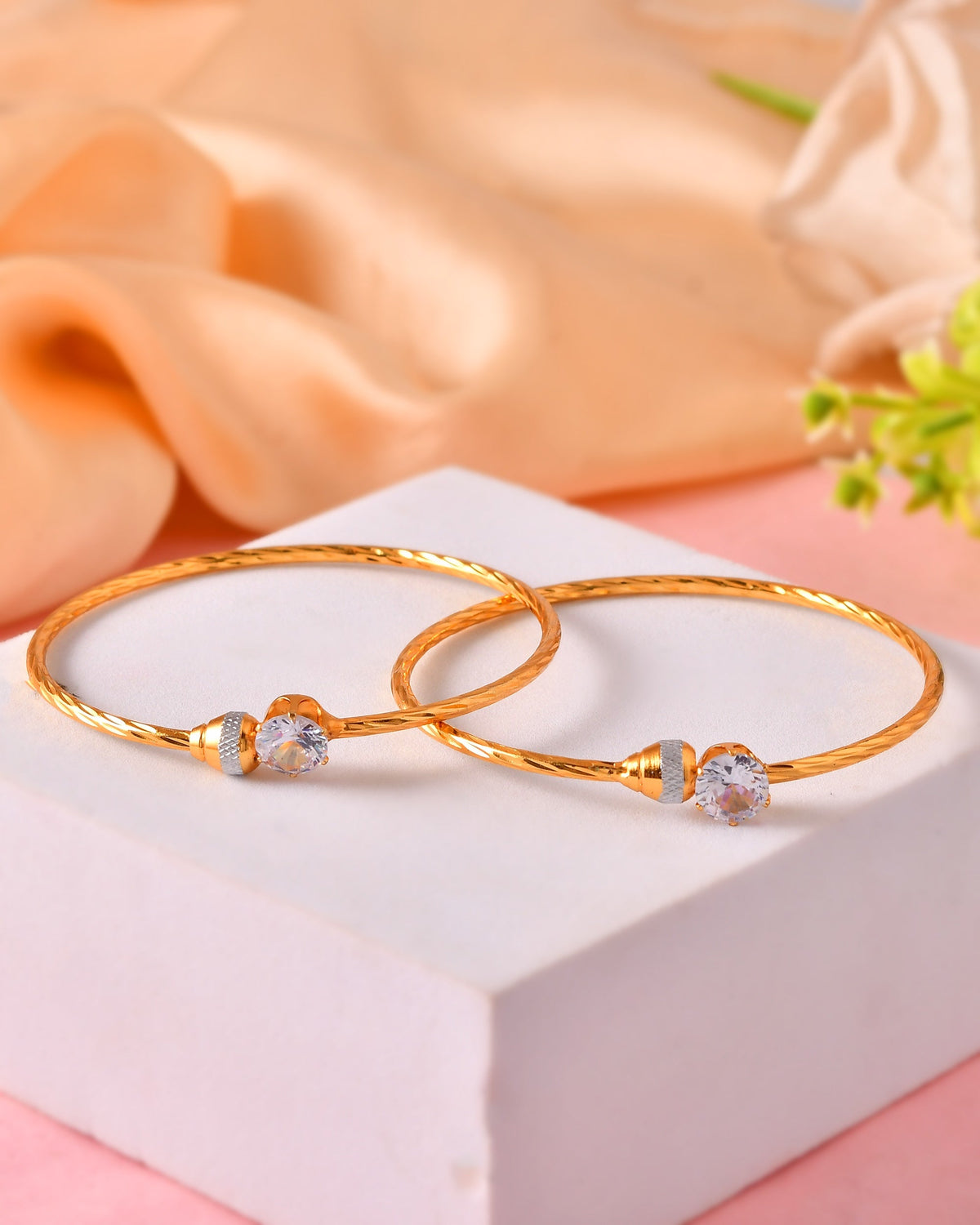 VOJ Set Of 2 Gold Polished Stone-Studded Bangles | Grocsy