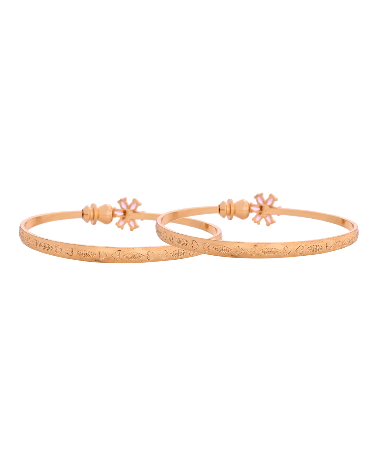 VOJ Set Of 2 Gold Polished Pink Stone Studded Floral Shaped Bangles | Grocsy