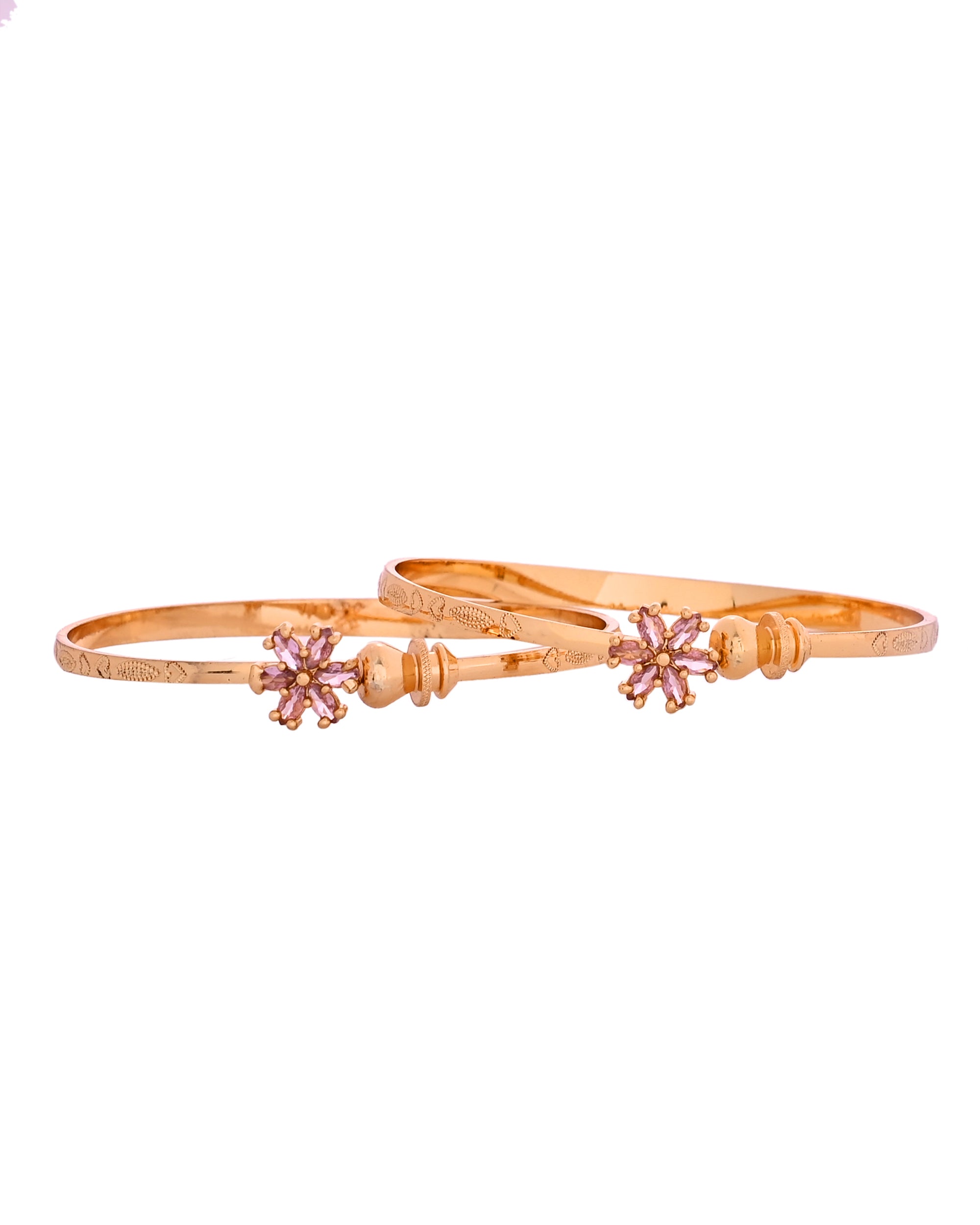 VOJ Set Of 2 Gold Polished Pink Stone Studded Floral Shaped Bangles | Grocsy