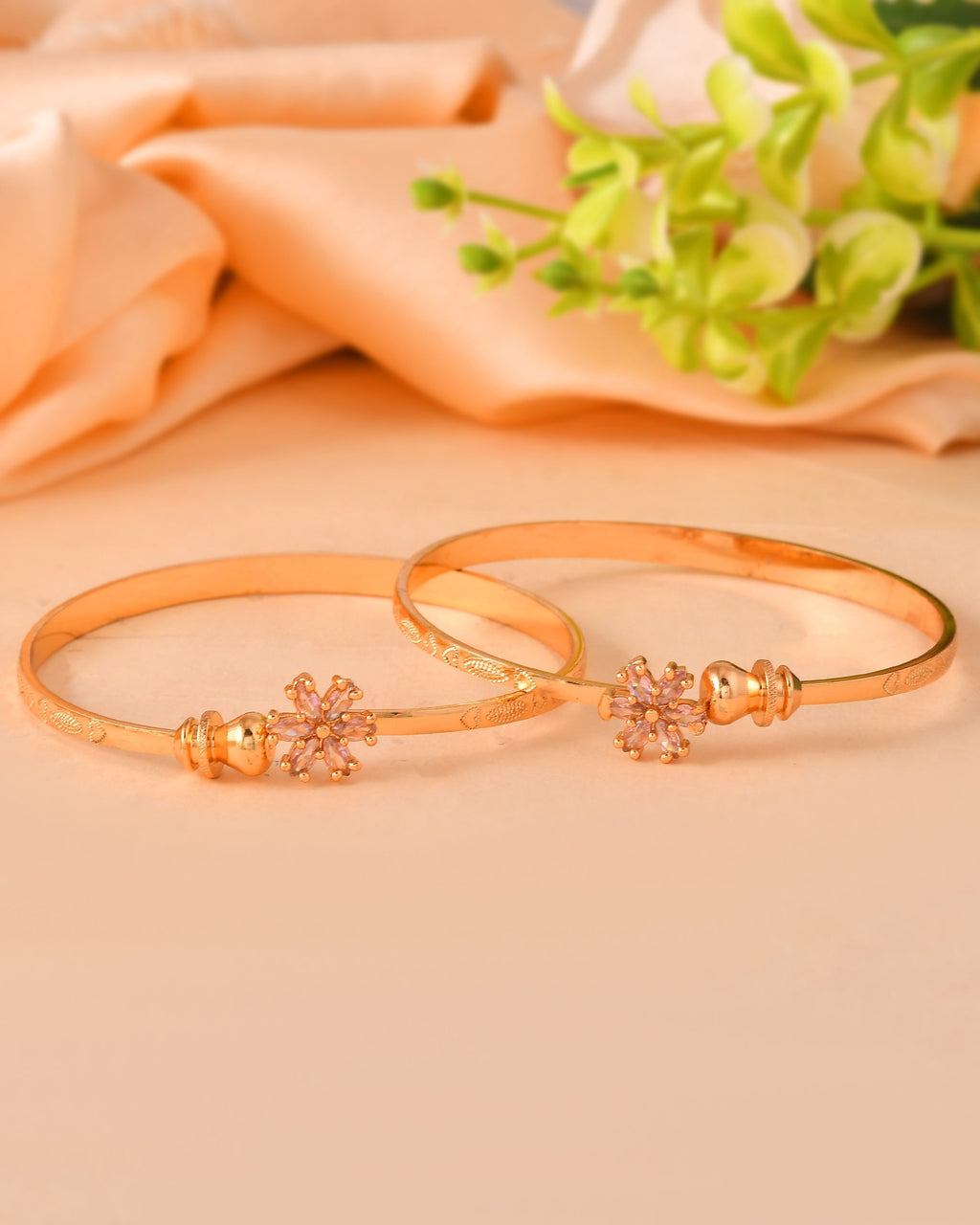 VOJ Set Of 2 Gold Polished Pink Stone Studded Floral Shaped Bangles | Grocsy