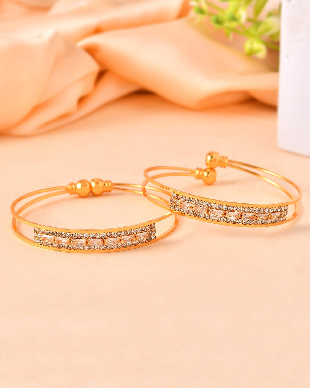 VOJ Set Of 2 Gold Polished Stone Studded Bangles | Grocsy