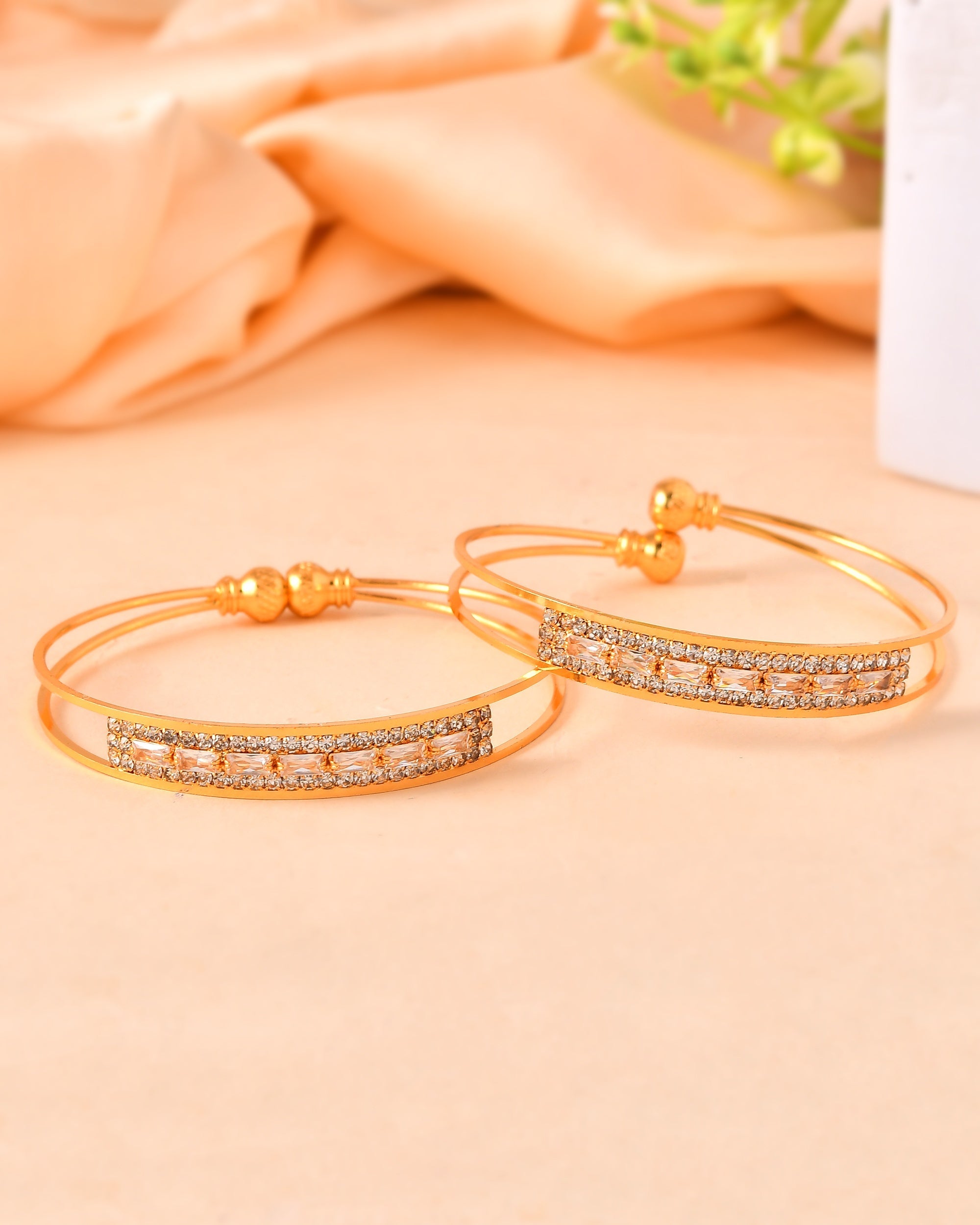 VOJ Set Of 2 Gold Polished Stone Studded Bangles | Grocsy