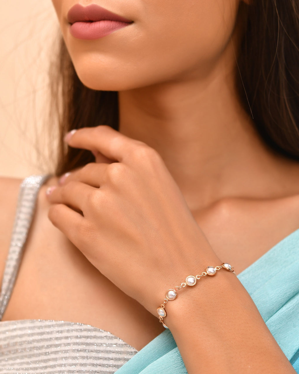 VOJ Rose Gold Polished Pearl Studded Bracelet | Grocsy